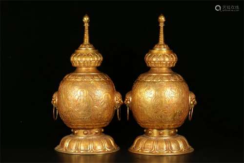 A Pair of Chinese Gilt Bronze Stupas