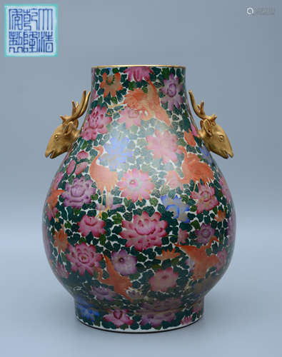 Qianlong Enamel Bird-And-Flower Vase with Deer Handles