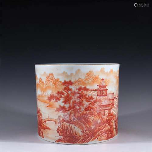 A Chinese Red Glazed Brush Pot with Landscape Pattern