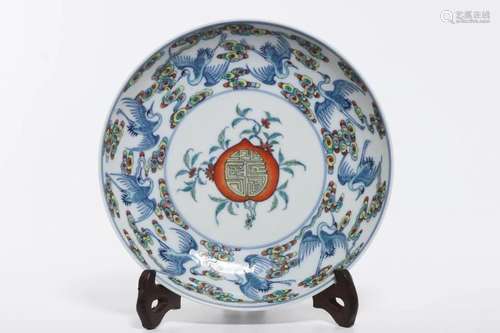 GUAN WARE DOUCAI CRANES AND PEACHES PLATE