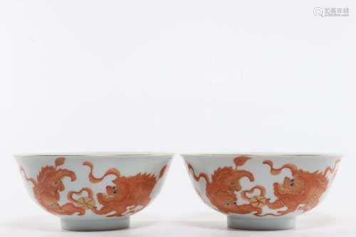 IRON-RED GLAZE GOLD-PAINTED LION BOWL, PAIR