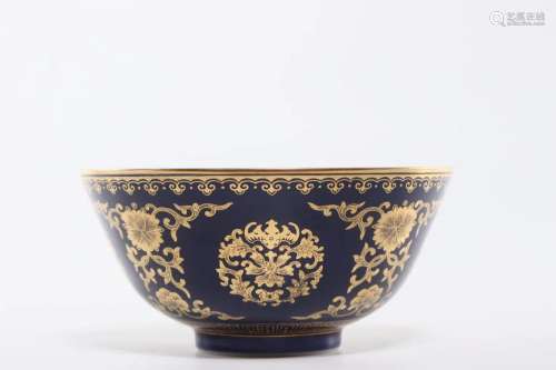 BLUE GROUND GOLD-PAINTED FLORAL BOWL