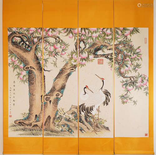 The Cranes and Peaches，Four Screens Painting by Empress Dowa...