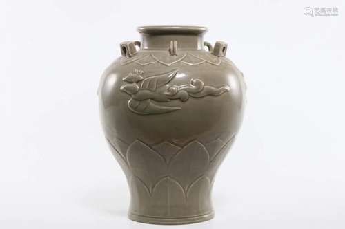 YUE-STYLE GREY BEIGE GLAZE PHOENIX VASE