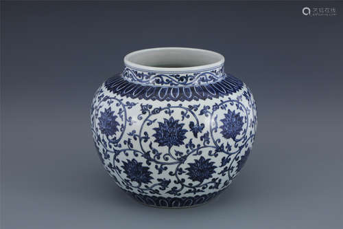 Blue and White Scrolling Lotus Jar