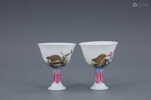 A Pair of Famille Rose Quail Stem Cup