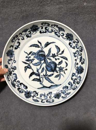 BLUE AND WHITE PLATE WITH FRUIT AND FLOWER DESIGNS