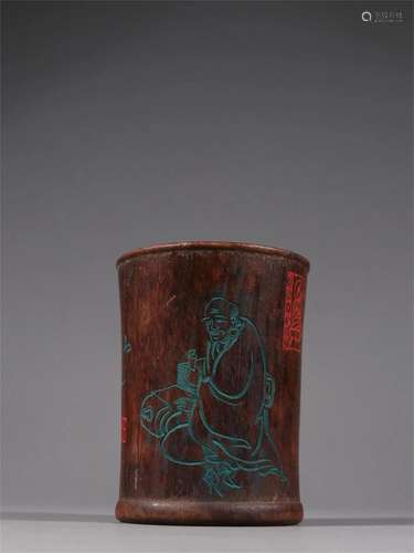 A Chinese Zitan Wood Figure Patterned Brush Pot