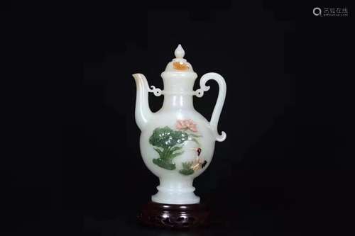 GEMSTONE INLAID WHITE JADE CARVING WINE POT