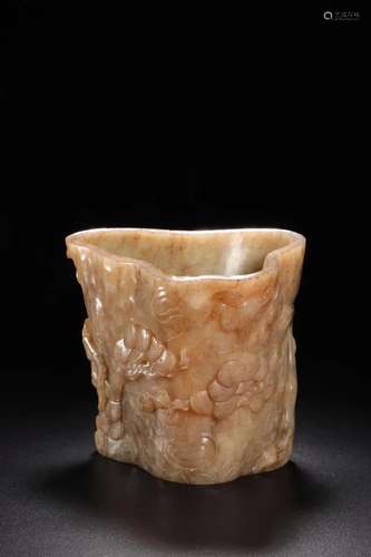 JADE CARVING 'PINE TREE' BRUSH POT