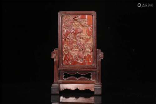 A Chinese Bamboo Table Screen with Figure and Story