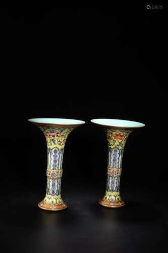 PAIR OF FAMILLE ROSE FLORAL MOTIF GU VASES