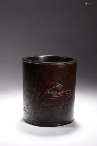 RED SANDALWOOD CARVING LANDSCAPE BRUSH POT