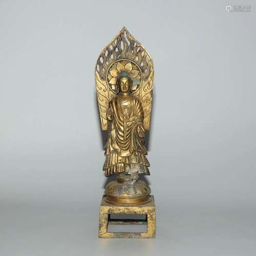 GILT BRONZE FIGURINE OF STANDING SHAKYAMUNI