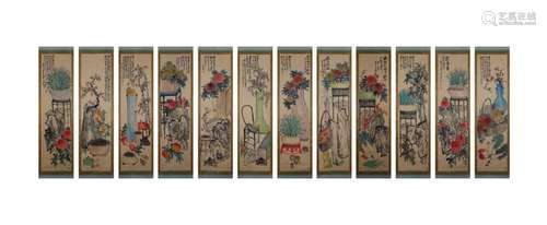 TWELVE-PANEL PAINTING OF FLOWER, WU CHANGSHUO