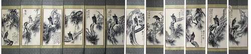 QI BAISHI, TWELVE PANELS OF PERCHED EAGLES