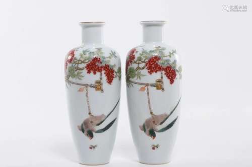 FAMILLE ROSE 'BIRD AND FLOWER' VASES, PAIR