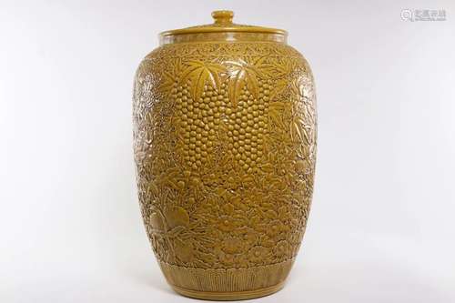 CHINESE TAWNY GLAZED FLOWERS LIDDED JAR