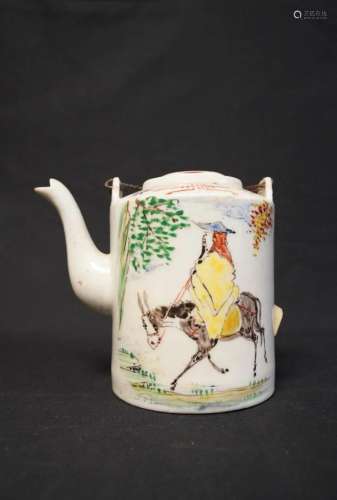 FAMILLE ROSE FIGURE AND DONKEY TEAPOT