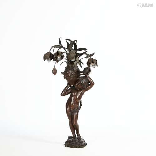 Auguste MOREAU (1834-1917) Rare lampe de salon en bronze à p...