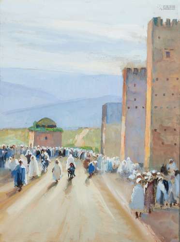 Gaston DUREL (1879-1954) « Fès, matinée de foule aux rempart...