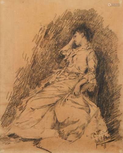 Julius STEWART (1855-1919) « Jeune femme assise » Fusain sig...