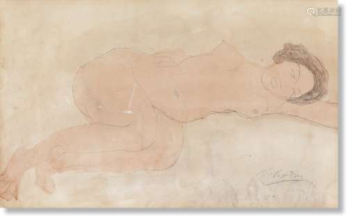 奥古斯特·罗丹（1840～1917） 斜躺的女人体 纸本水彩