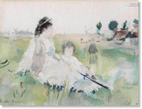 贝尔特·莫里索（1841～1895） 坐在草丛上的女人和孩子 纸本水彩
