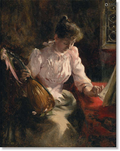 亚历克西斯·沃隆（1865～1945） 弹曼陀林琴的女孩 布面油彩