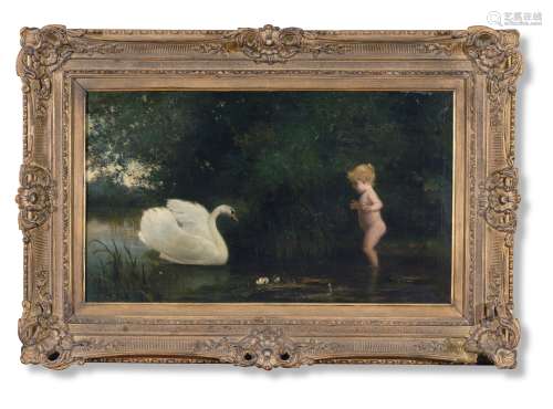 弗里茨·莫克（1867～1919） 女孩与天鹅 布面油彩
