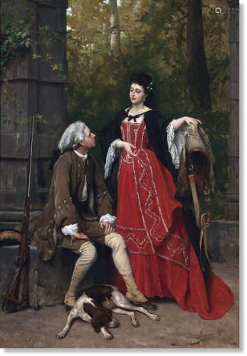 奥古斯特·塞鲁尔（1825～1903） 1873年作 猎人、女士和猎犬 木板油彩