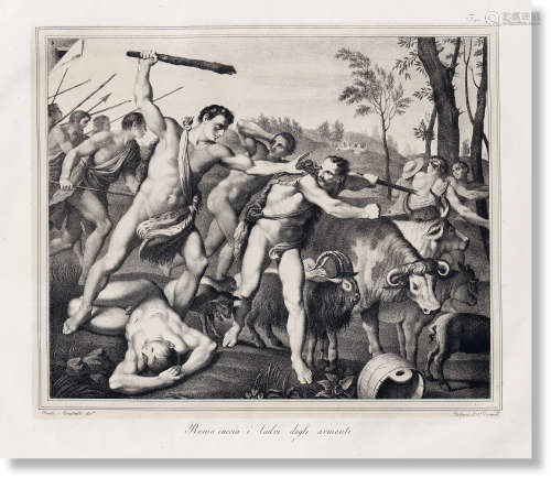 卡拉奇兄弟（17世纪） 1835年作 罗穆卢斯用犁把围成罗马城墙 石版画