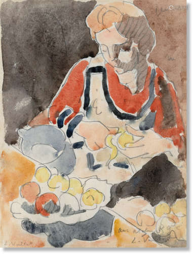 路易斯·瓦尔塔特（1869～1952） 削水果的女子 纸本水彩