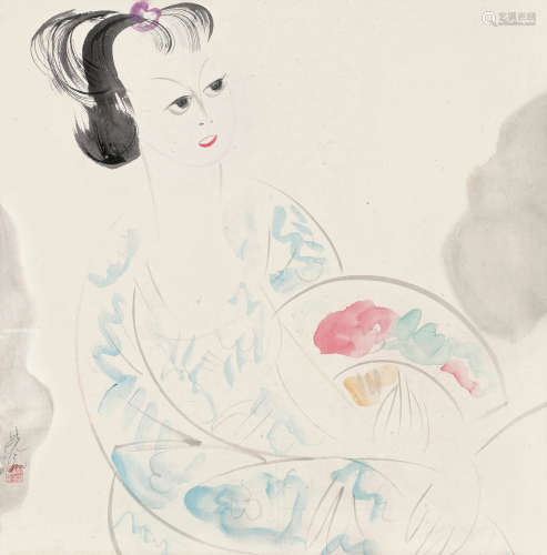 1900～1991 林风眠 执扇仕女 设色纸本 镜框 1947年作