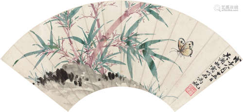 1894～1968 吴湖帆 戊子（1948）年作  竹石花蝶  镜框 设色纸本