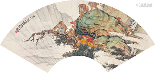 1885～1967 刘奎龄 壬申（1932）年作  幽谷啼猿  扇片 设色纸本