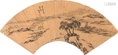 1546～1631 张复 癸巳（1593）年作  秋舸清啸  扇片 水墨金笺
