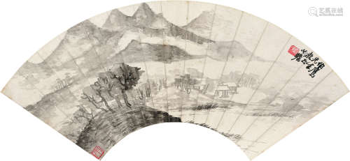 1892～1996 朱屺瞻   为“潘伯鹰”作 秋山亭子  扇片 水墨纸本