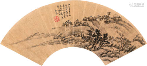 清康熙 王无忝 己未（1679）年作  湖亭山色  扇面 水墨金笺