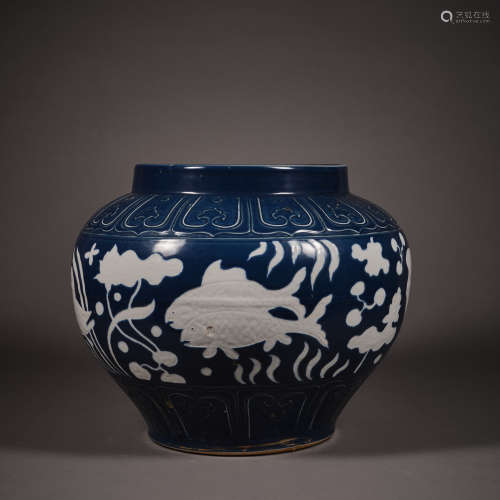 Yuan Dynasty of China,Blue and White Glaze Fish Pattern Larg...