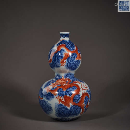Qing Dynasty of China,Blue and White Glaze Red Dragon Patter...