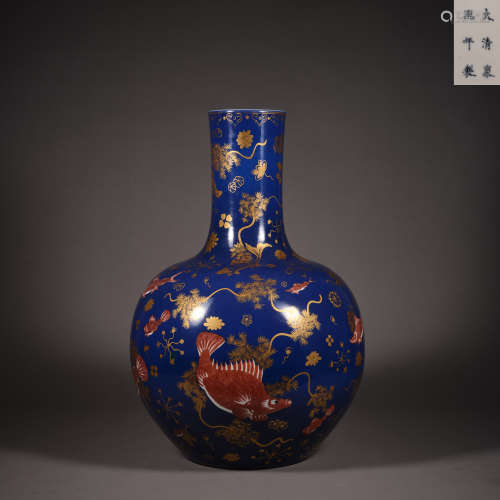 Qing Dynasty of China,Gold-Traced Blue Glaze Bottle 中國清代...