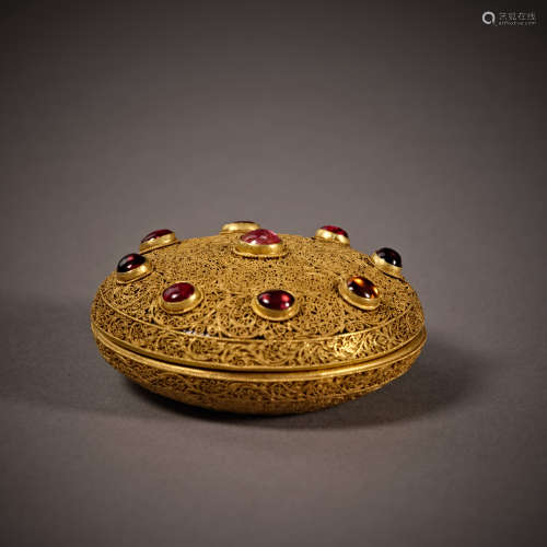Qing Dynasty of China,Pure Gold Inlaid Precious Stone Box 中...