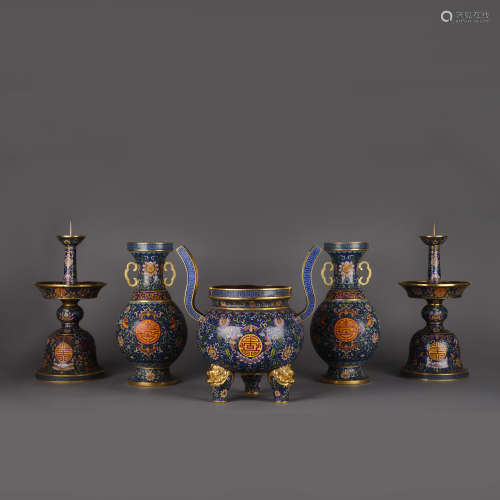 Qing Dynasty of China,Cloisonne Five Offering 中國清代，景泰蓝...