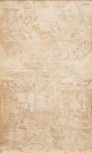 Anonyme, Italie, XVIIe dessin à la plume d'époque Renai...