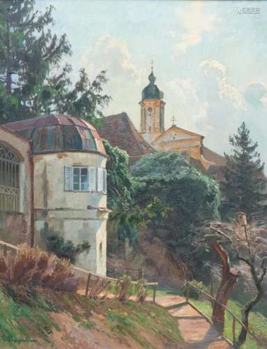 Fritz BAYERLEIN (1872-1955), "Vue de village" Huil...