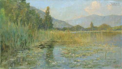 Gioachimo GALBUSERA (1871-1942) "Rives de lac avec mont...