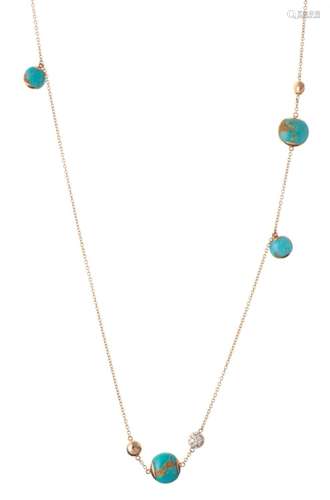 ROBERTO COIN, Collier en or, turquoises, diamants et boucles...