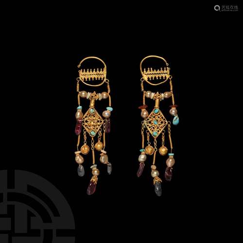 Byzantine Gold Earrings with Amethysts and Other Gemstones