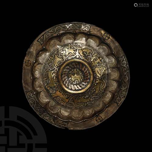 Large Viking Age Volga-Bulgar Gilt Silver Plate with Horse a...